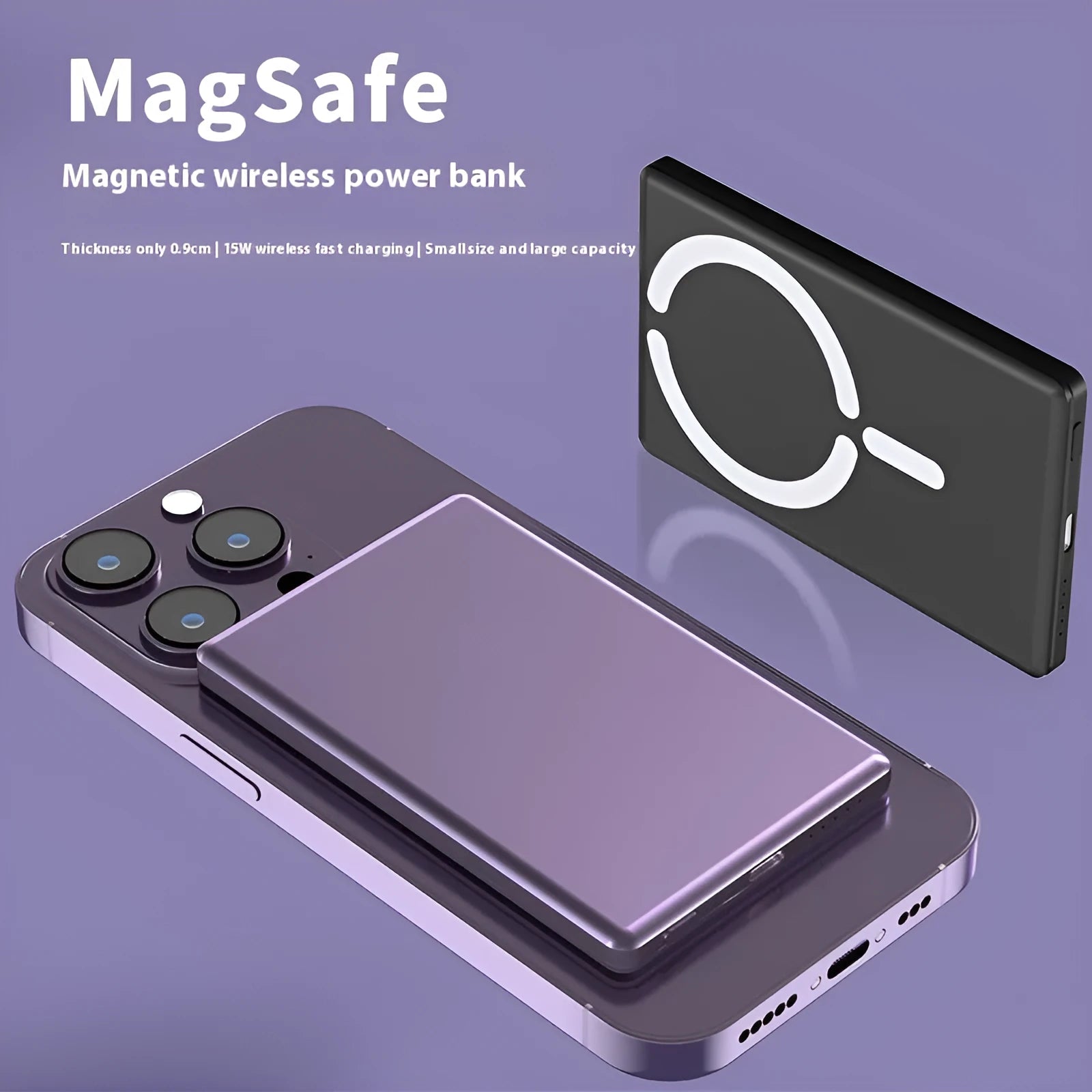 Ultra-thin magnetic power bank in dark grey alloy casing showing side profile with 9mm thickness