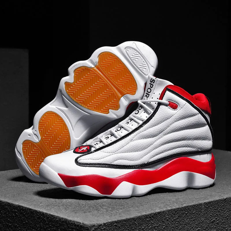 Men's high-top basketball shoes in AJ13 white red colour with mesh upper and rubber sole.
