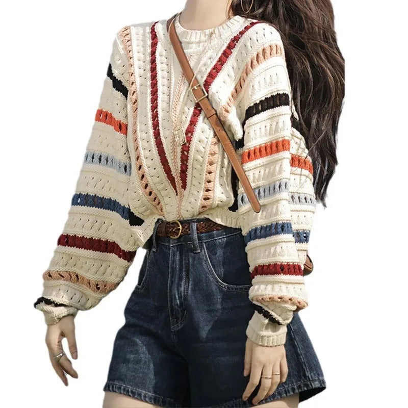 Colourful rainbow striped pullover sweater with batwing sleeves and hollow knit texture