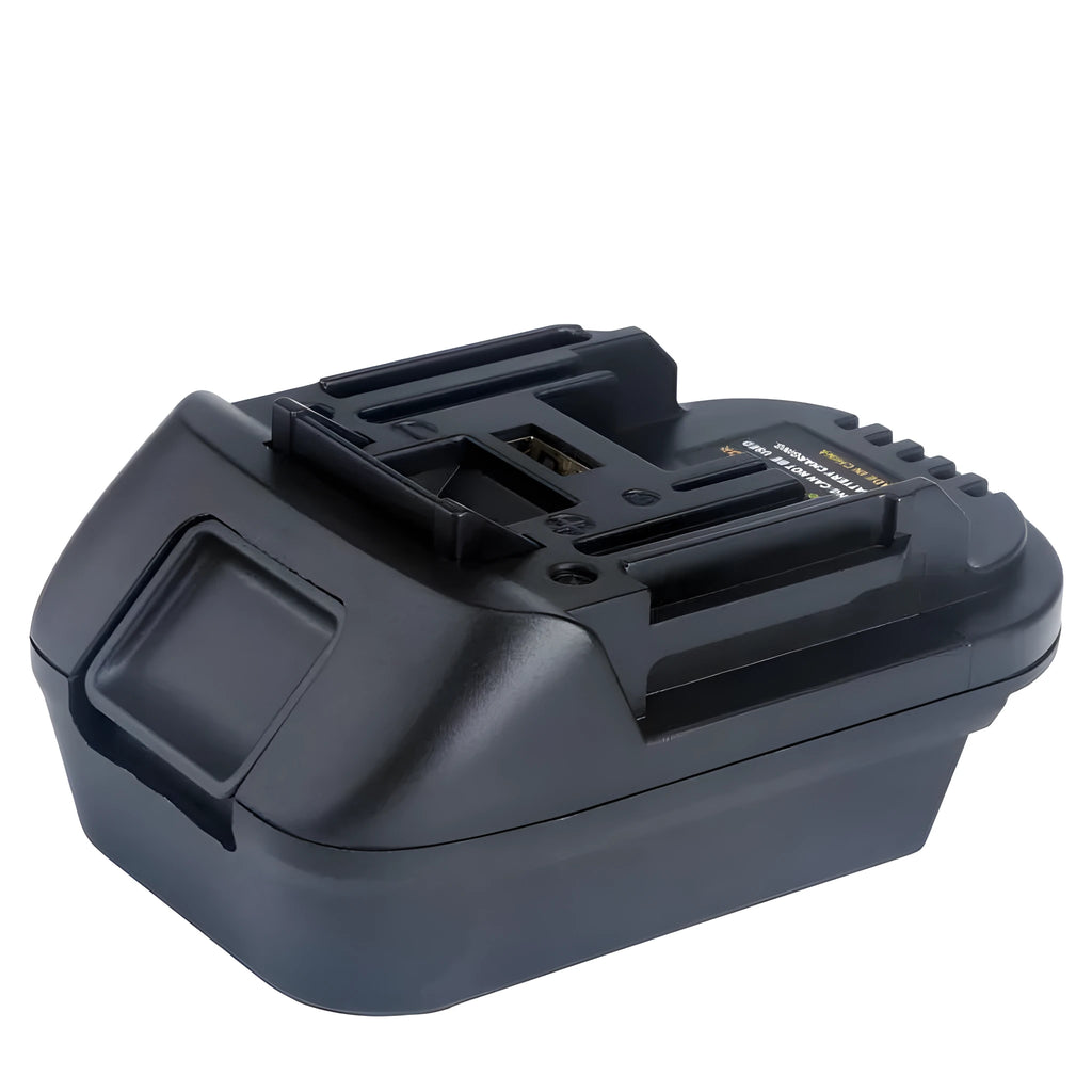 Black Milwaukee DM18M to MAKITA H99F battery adapter showing connection ports