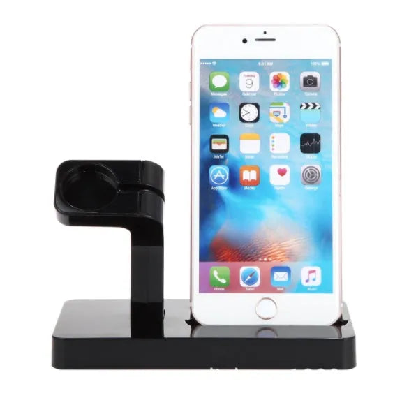 White 2 in 1 desktop charging dock station holding an iPhone and an Apple Watch upright.
