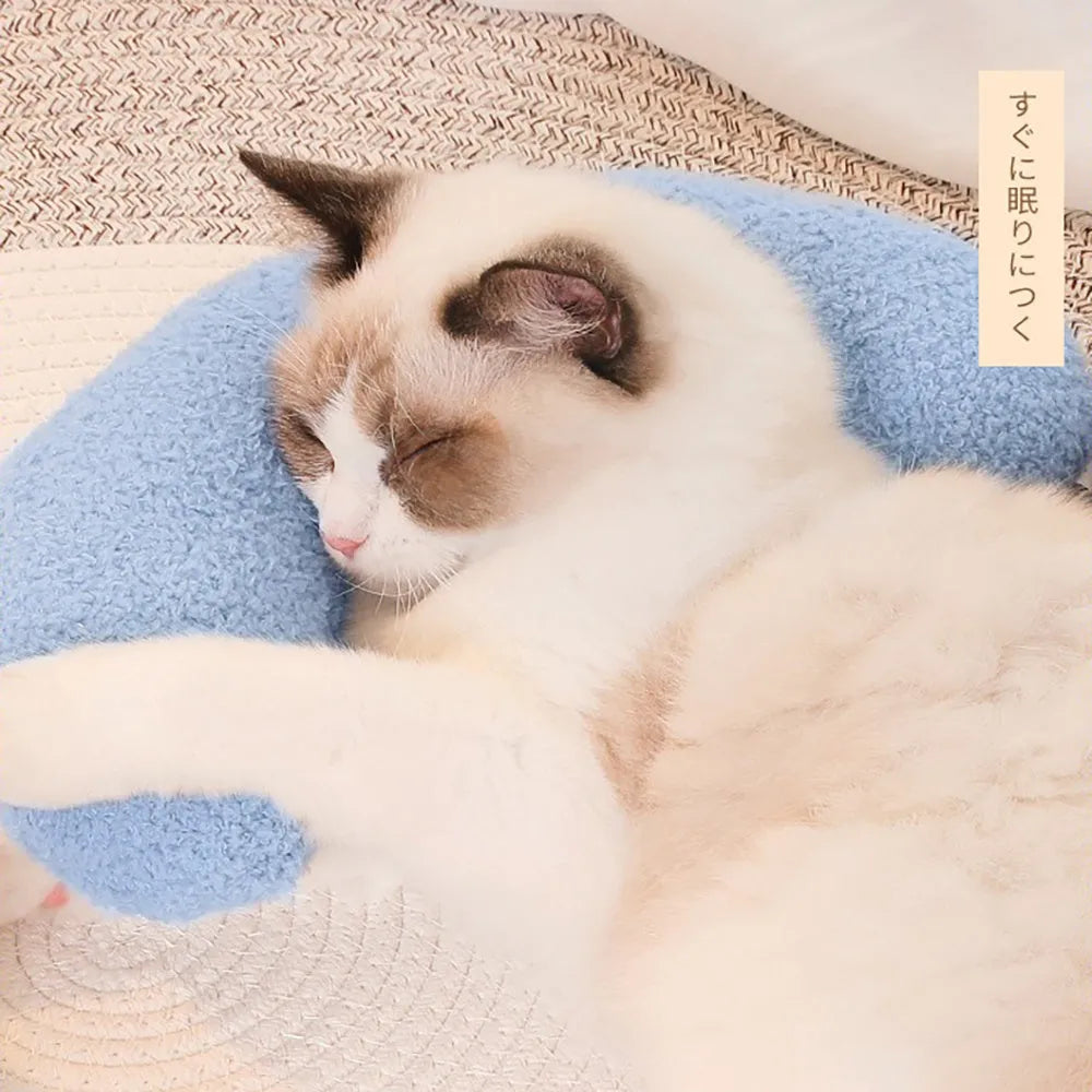U-shaped blue cat pillow with adjustable collar for cervical protection and support