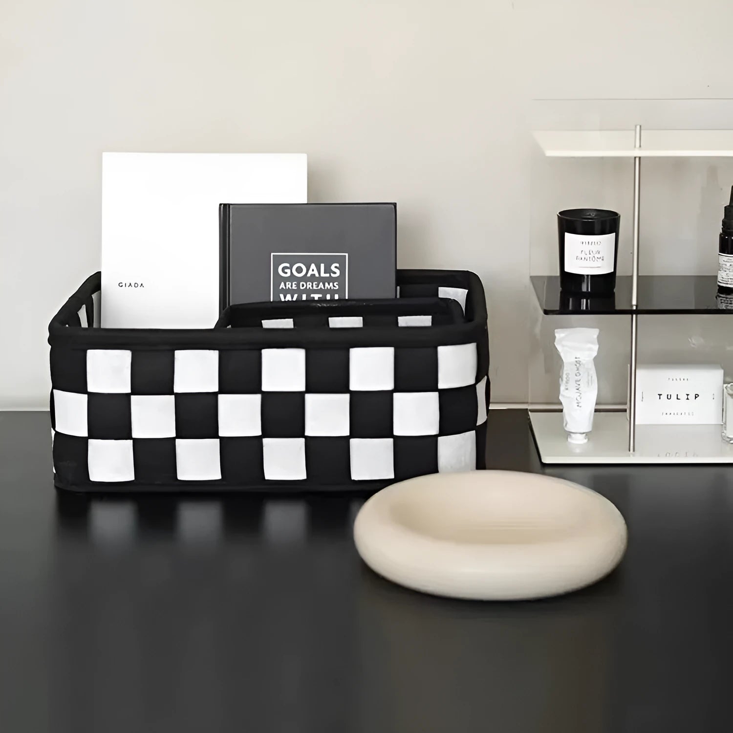 Checkerboard woven felt storage basket with folded sides showing dimensions 37x29x19.5cm