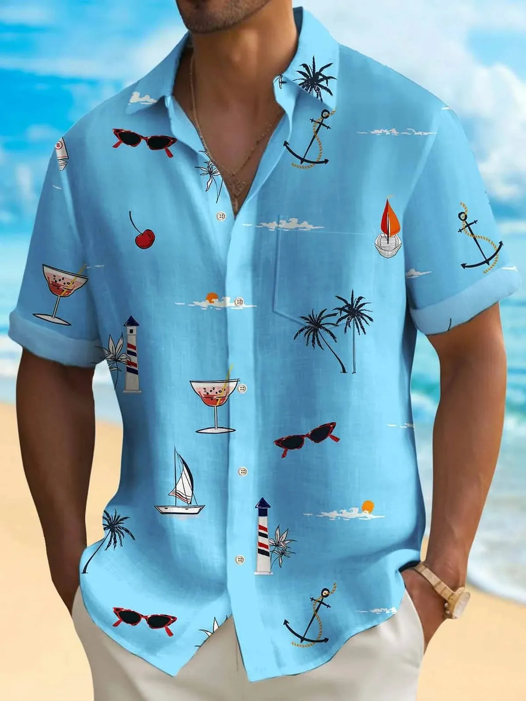 Men's loose-fit Hawaiian shirt with colourful digital print pattern on polyester fabric.