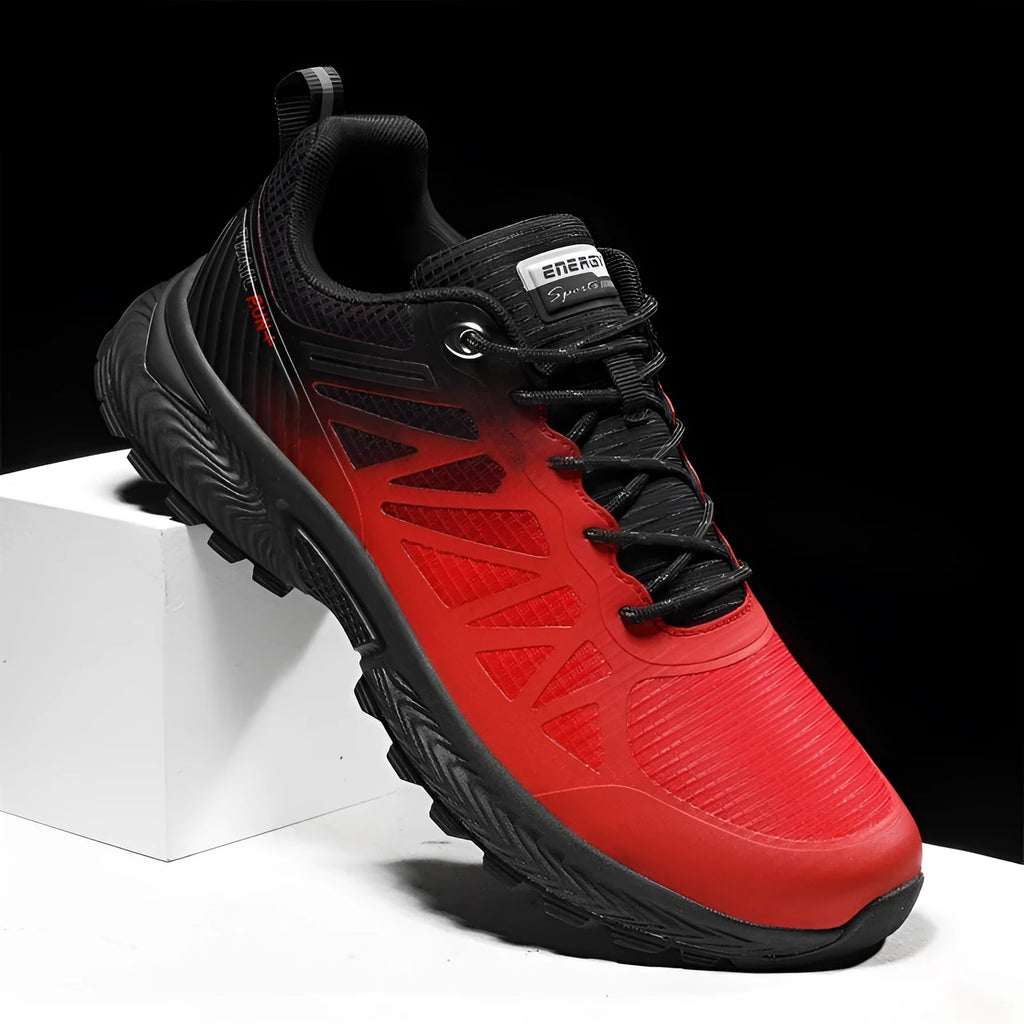 Men's plus size black breathable mesh running shoes with lace-up front and rubber sole.