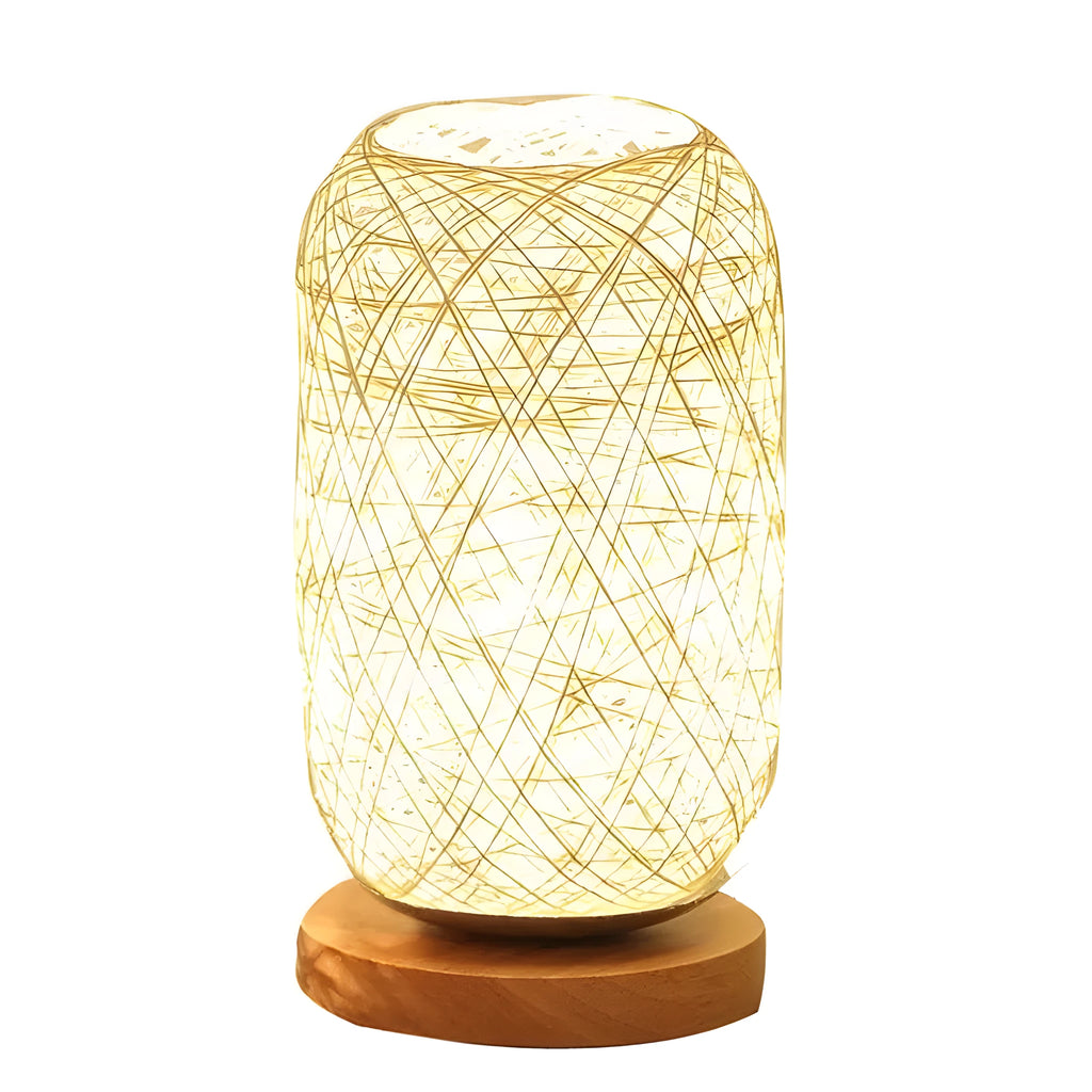 Natural hemp rope Sepak Takraw desk lamp with solid wood base and USB-powered LED light