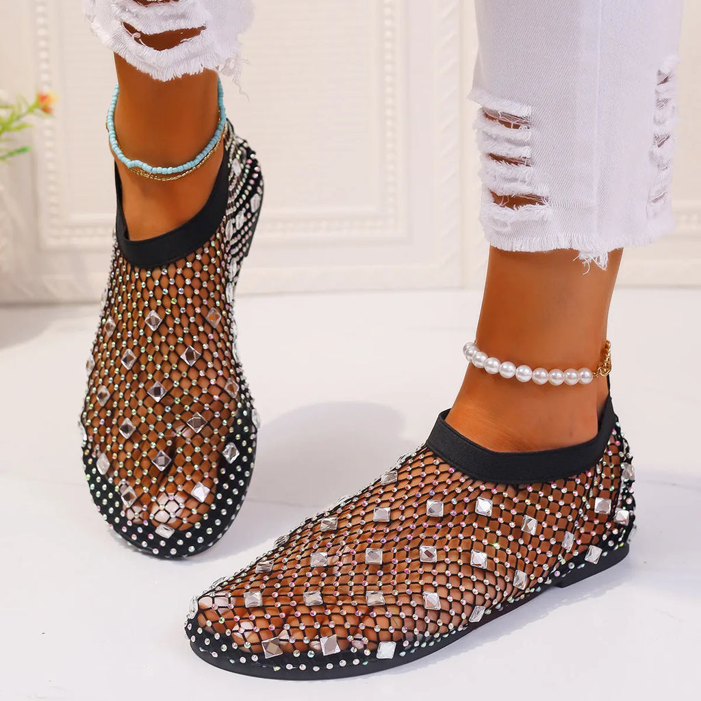 Women's mesh flat sandals with colourful rhinestone decoration and round toe