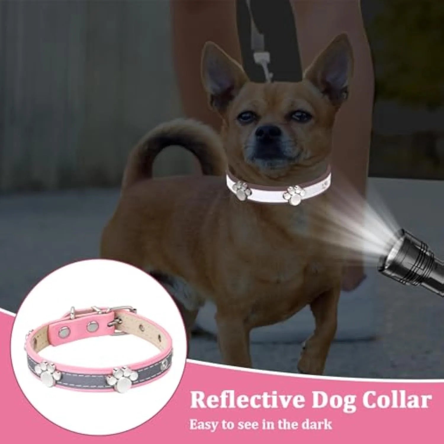 Reflective adjustable PU leather dog collar with metal buckle shown in multiple sizes.