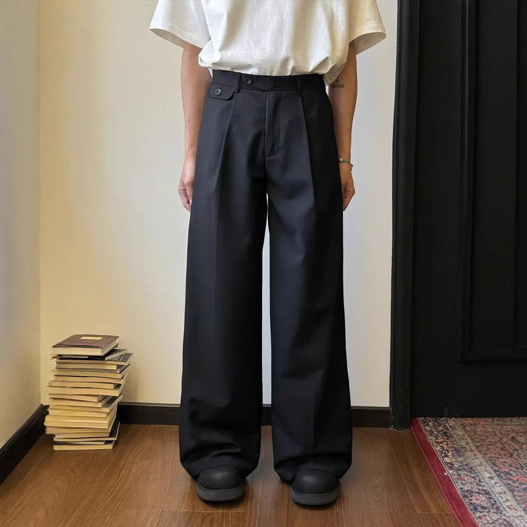 Men's brown straight-leg loose wide-cut casual trousers on a hanger