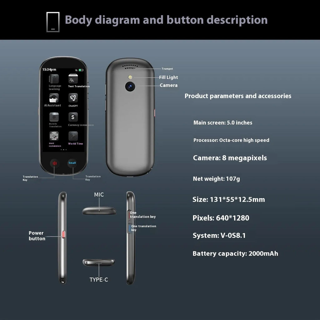 Black multi-language simultaneous interpretation translator device for business use with lanyard and charging cable.