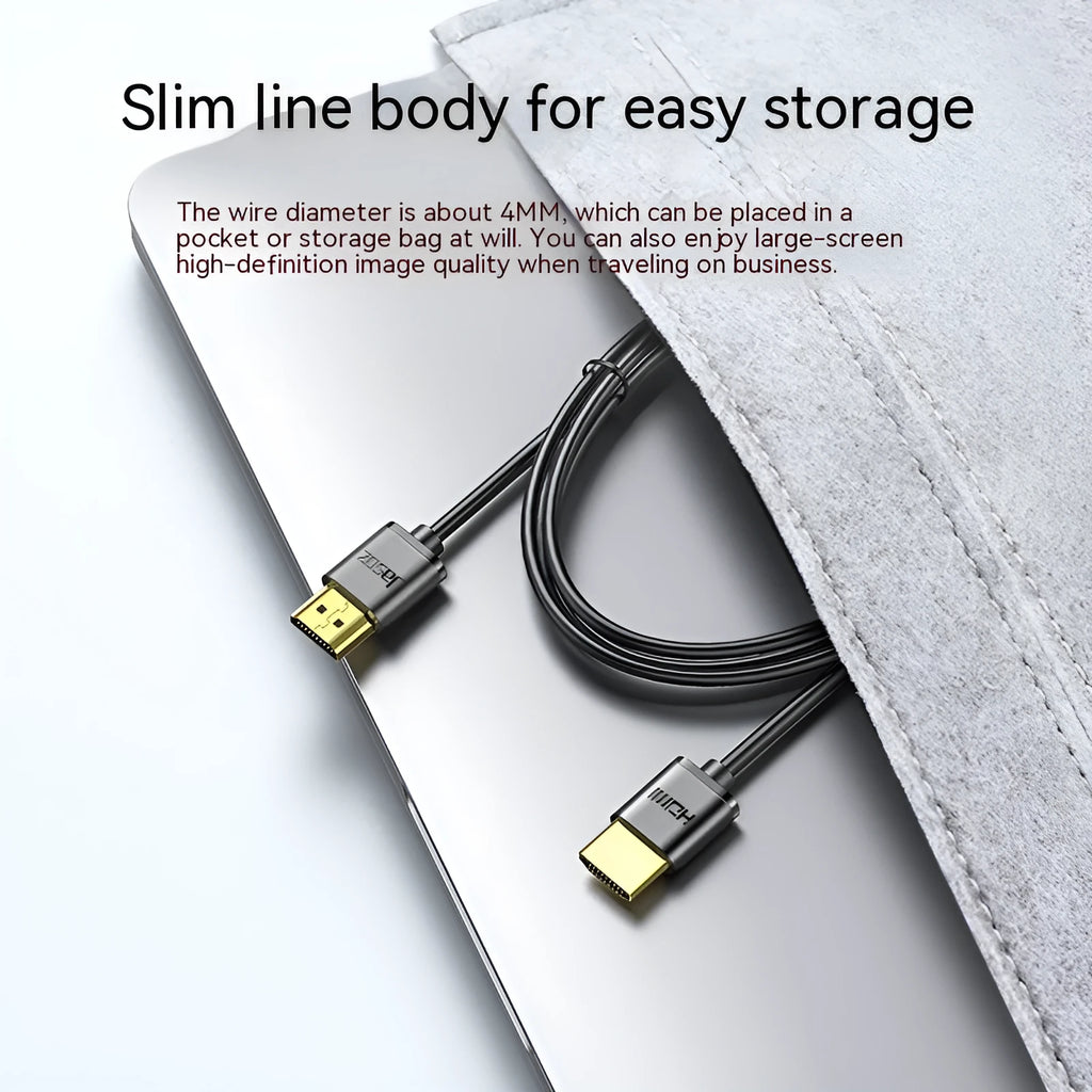 HDMI cable with gold-plated connectors available in multiple lengths for computer, monitor, and projector connection.
