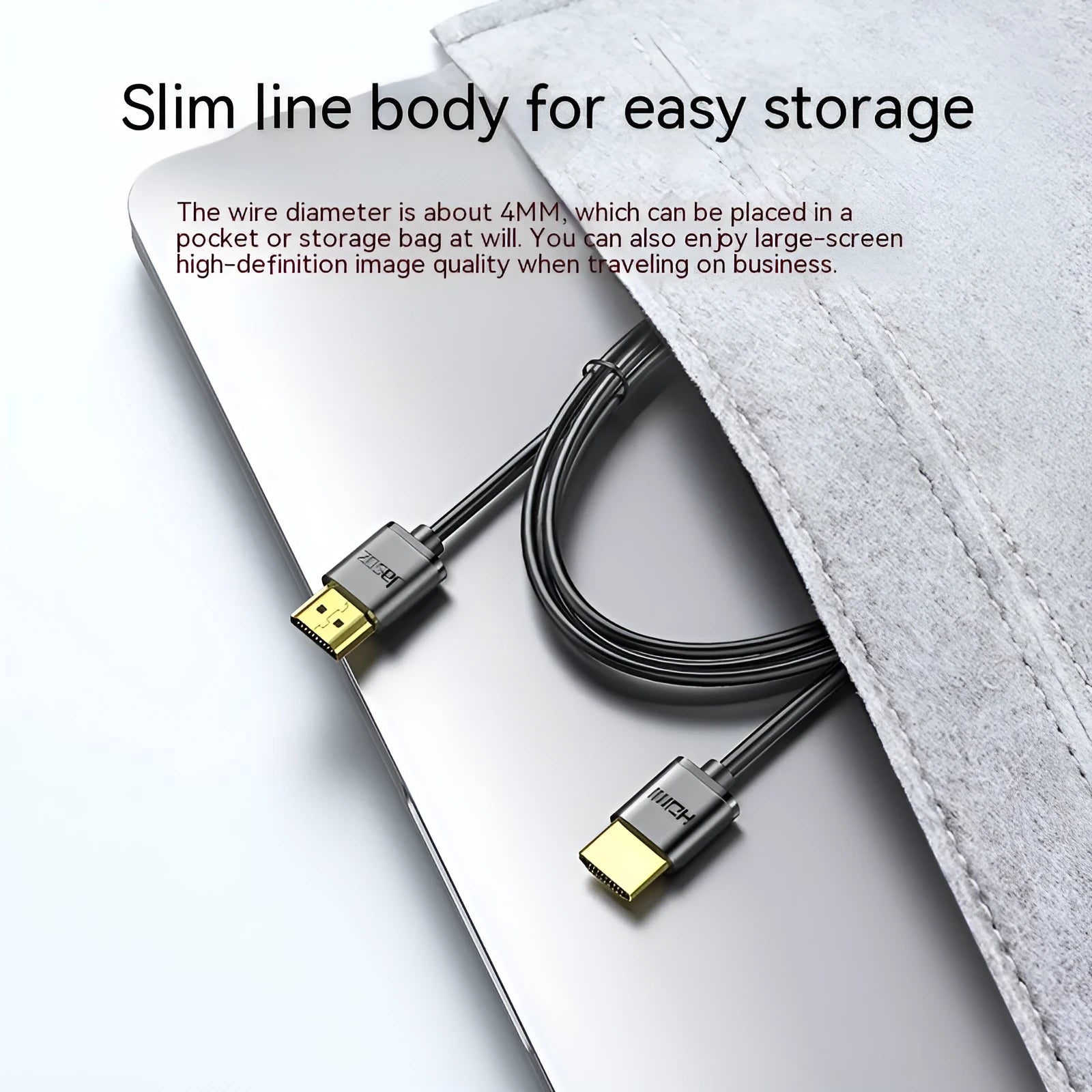 HDMI cable with gold-plated connectors available in multiple lengths for computer, monitor, and projector connection.