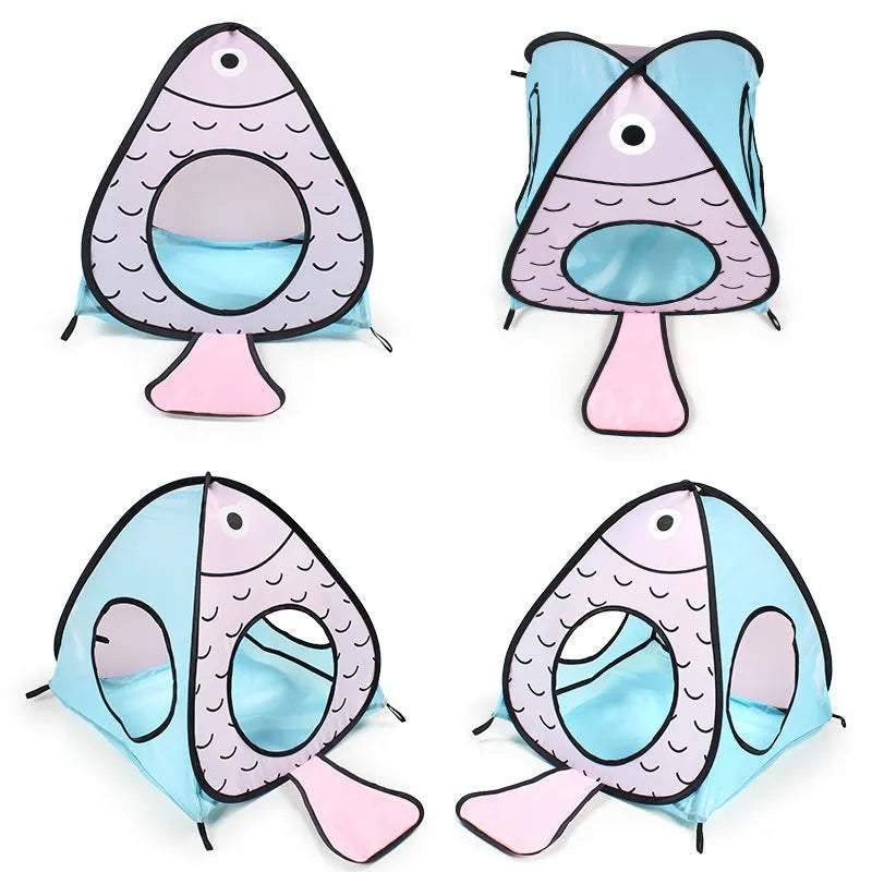 Foldable grey pet tunnel and tent toy with cat and fish design for indoor play.