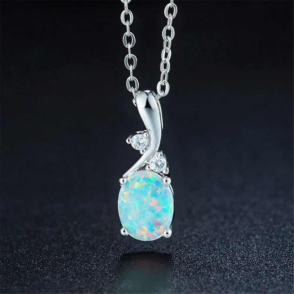 Water drop opal pendant necklace on O-shaped alloy chain in rose gold or white colour