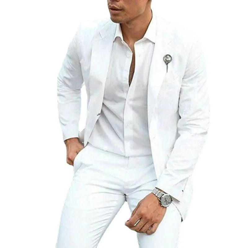 Men's white two-piece wedding suit with slim fit styling and cotton-acetate fabric blend