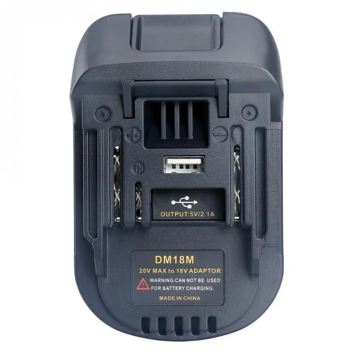 Black Milwaukee DM18M to MAKITA H99F battery adapter showing connection ports