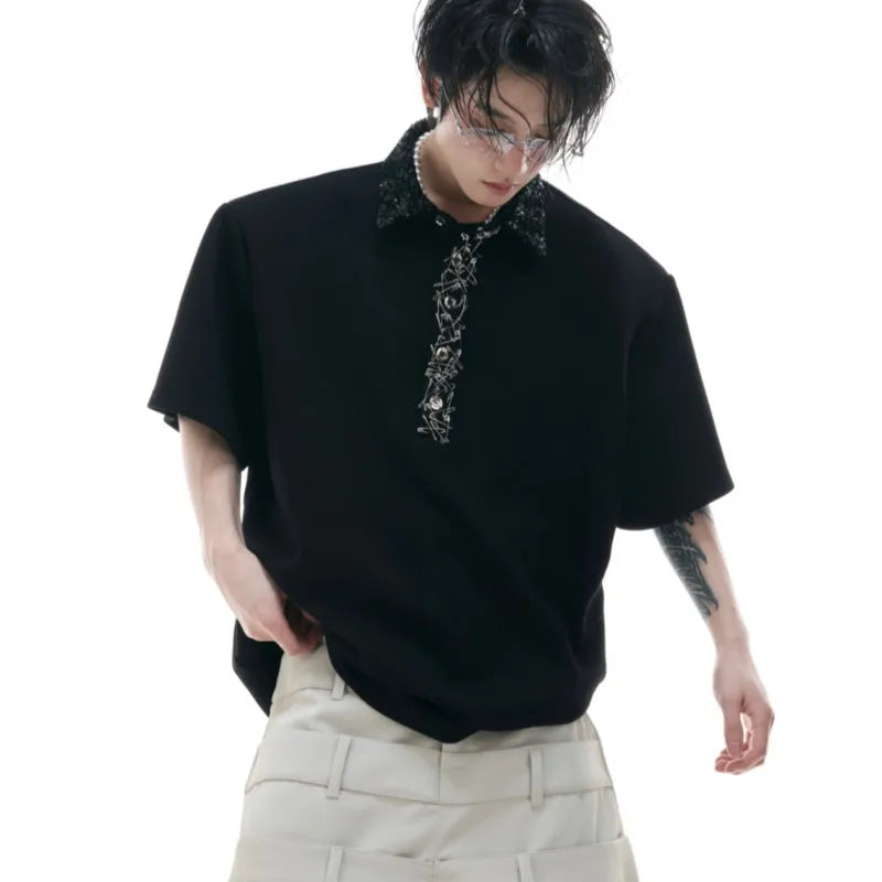 Men's black loose fit polo shirt with square collar and short sleeves.
