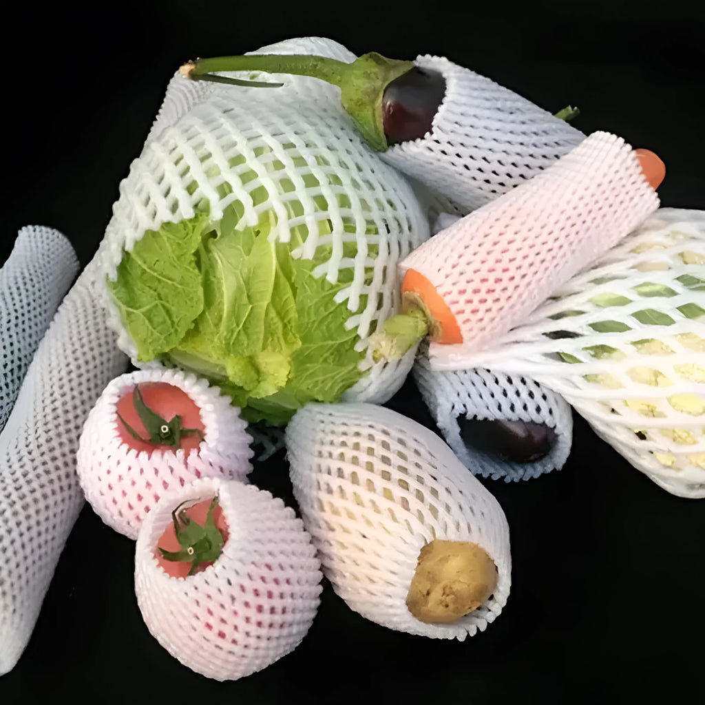 White foam protective net case for fruits showing mesh texture and size options