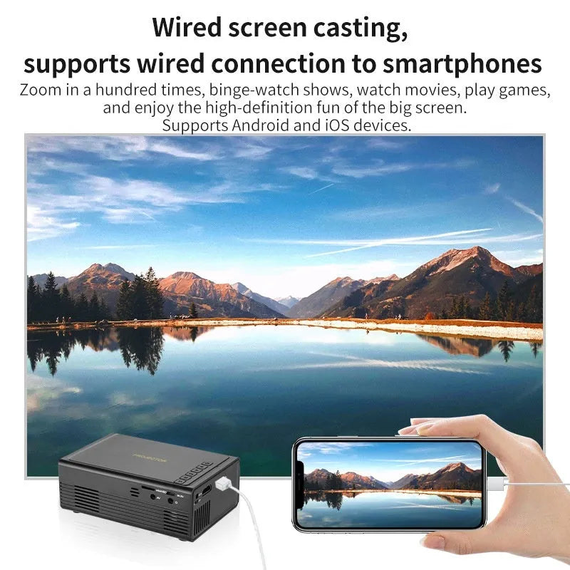 Black or white portable mini projector with wired connection cable for mobile phones