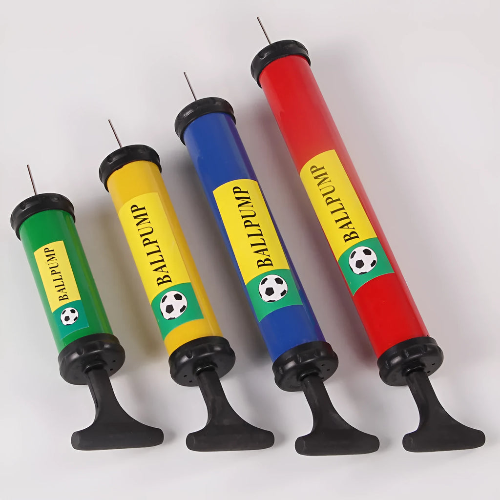 Manual high-pressure plastic pump for inflating sports balls and balloons in mixed colours.