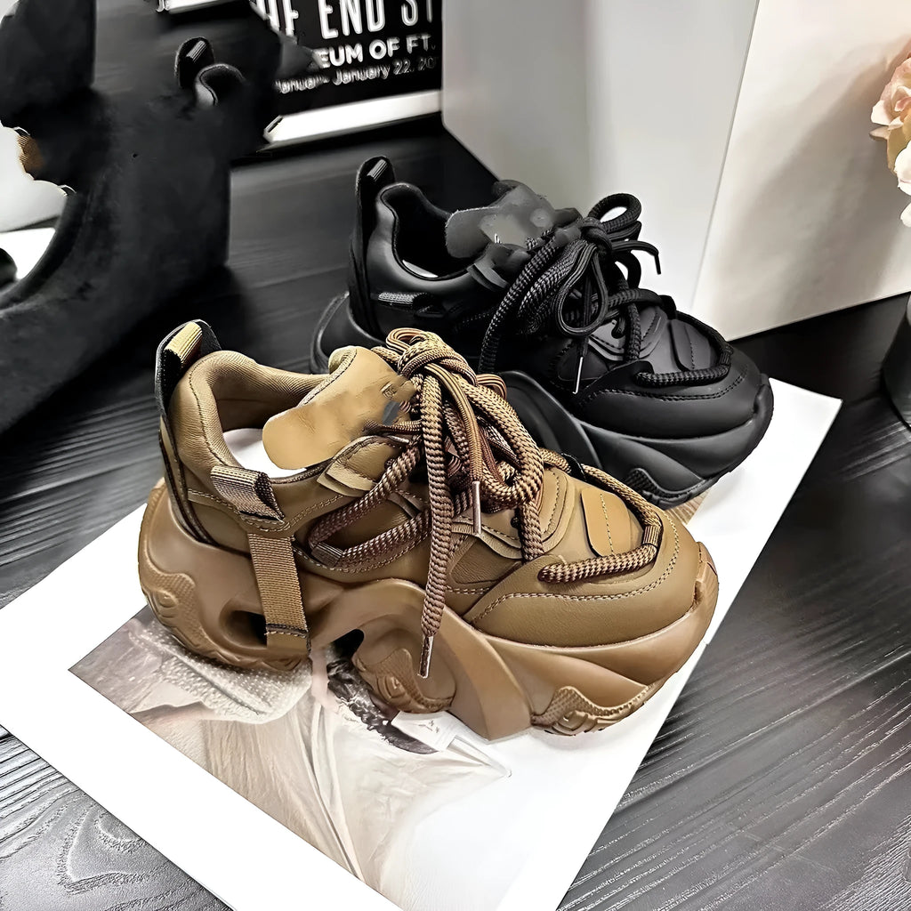 Women's platform sneakers with wedge heel, cross straps and mesh lining in synthetic leather