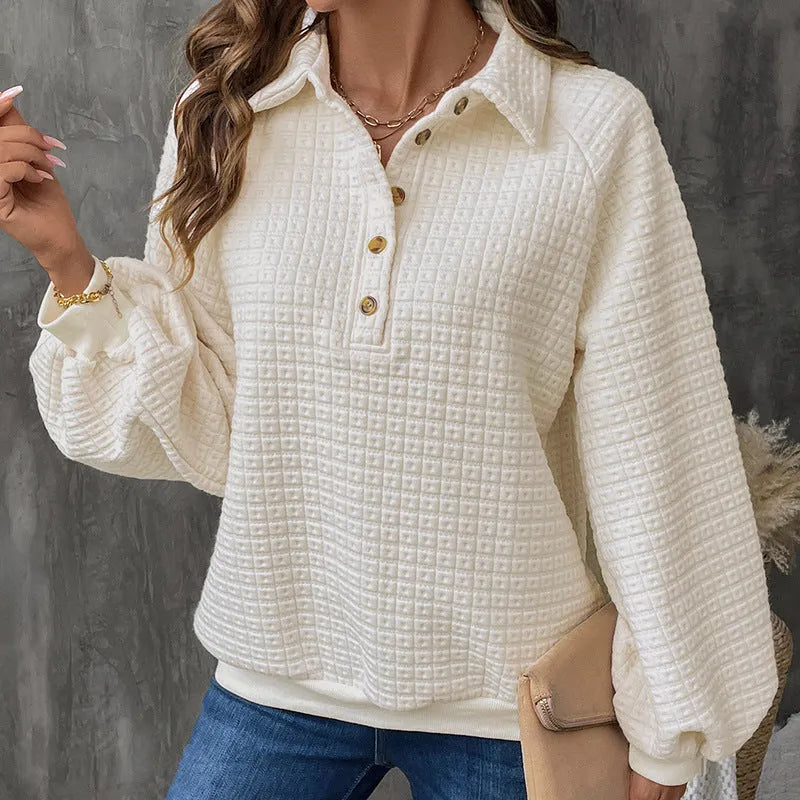 Women's milky white polo collar thick knit sweater with long sleeves