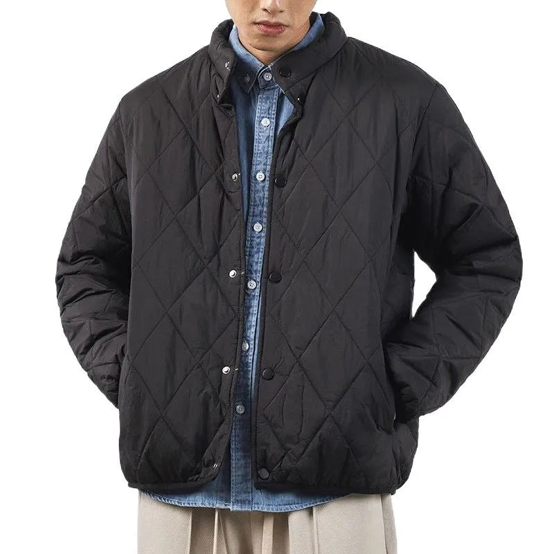Men's black diamond lattice quilted winter jacket with lengthened cut and loose fit