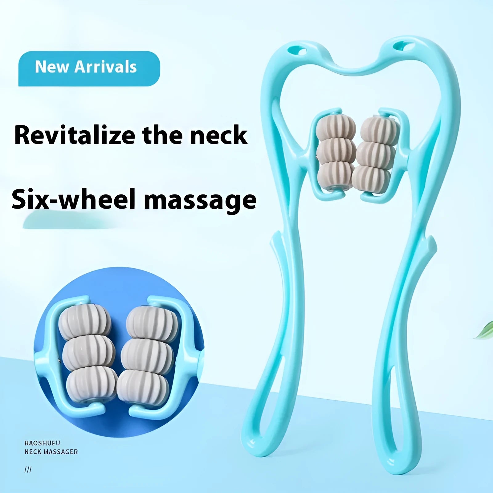 Blue plastic six-wheel massage roller for shoulders, neck and waist