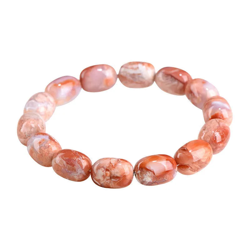 Natural cherry agate barrel bead bracelet with Ruyi pattern measuring 10x14mm