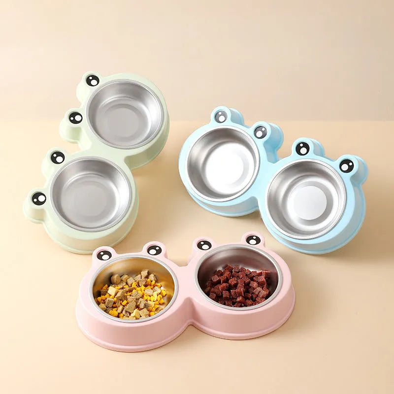 Stainless steel double pet bowl with frog design in blue, green, or pink colours
