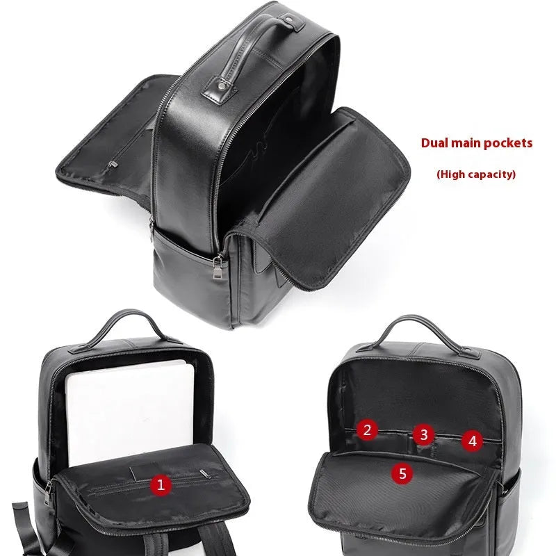 Black genuine leather men's computer backpack with large 55L capacity shown from a side angle.