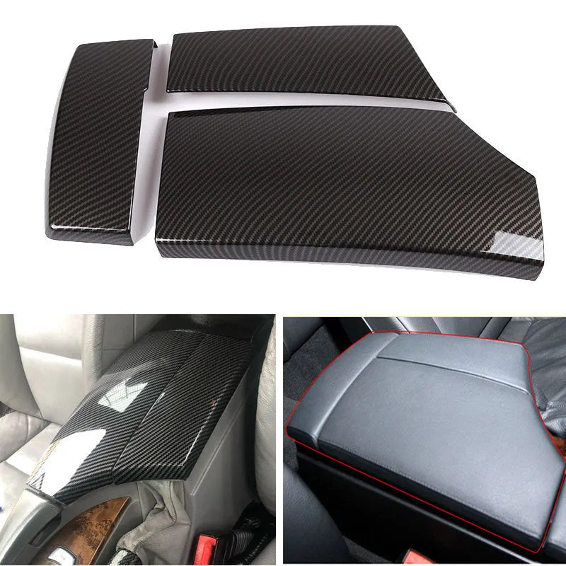 Three ABS carbon fibre pattern armrest box protective covers showing buckle attachment points