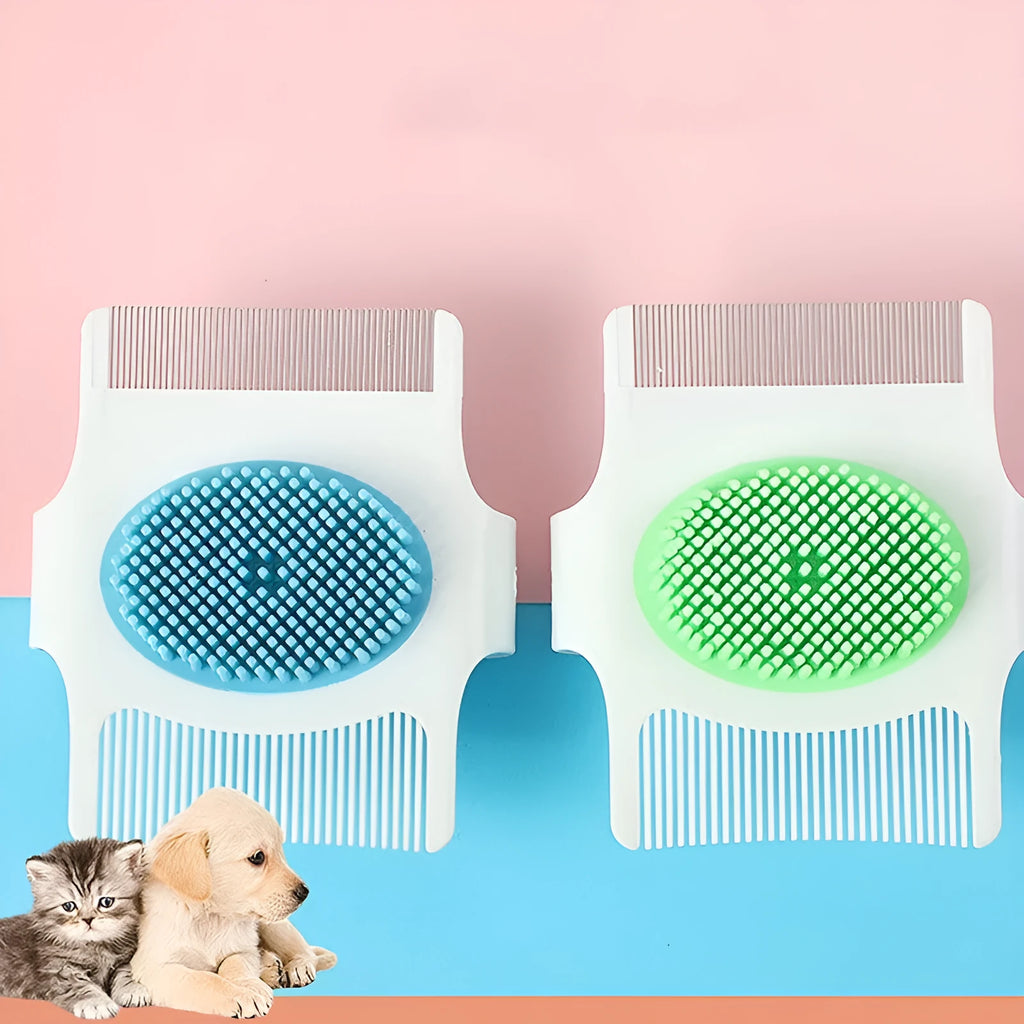 Multifunctional pet grooming comb with floating hair removal and massage functions in blue or green colour