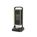 HQ-500A black PTC ceramic desktop heater on a wooden table showing control knob.