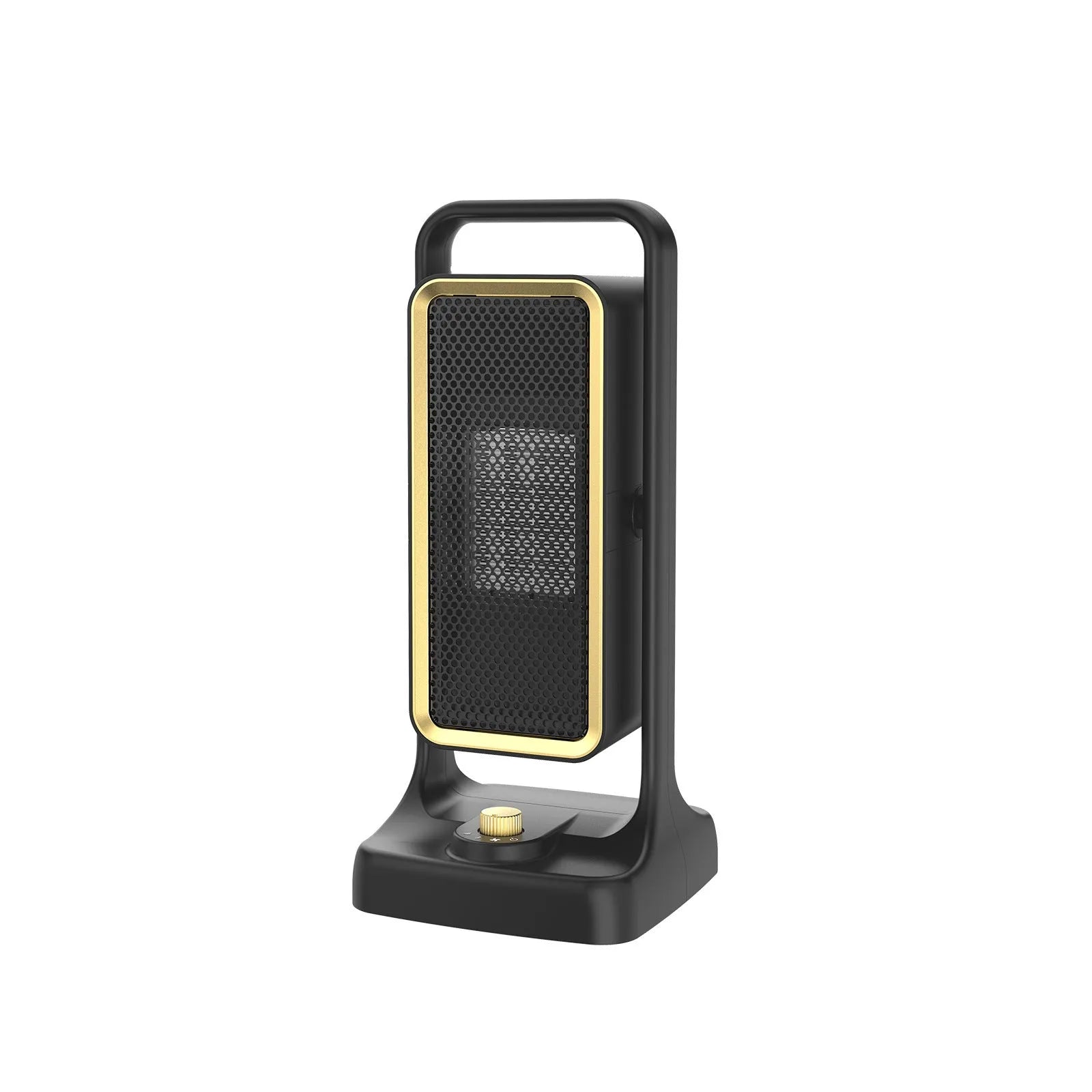 HQ-500A black PTC ceramic desktop heater on a wooden table showing control knob.
