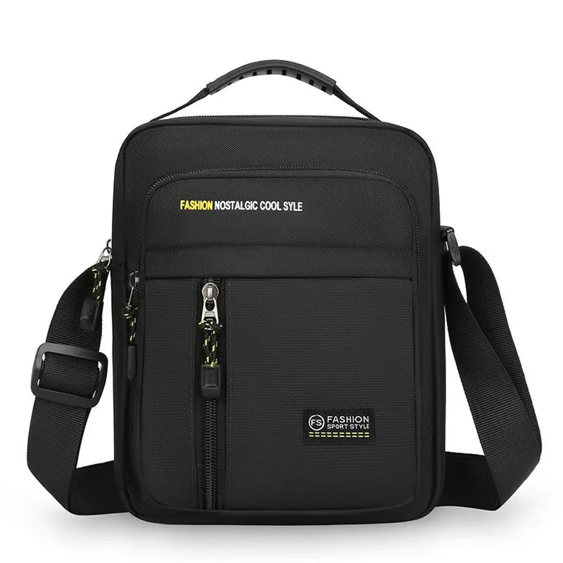 Men's casual nylon messenger bag in crossbody style with sewing thread detail.