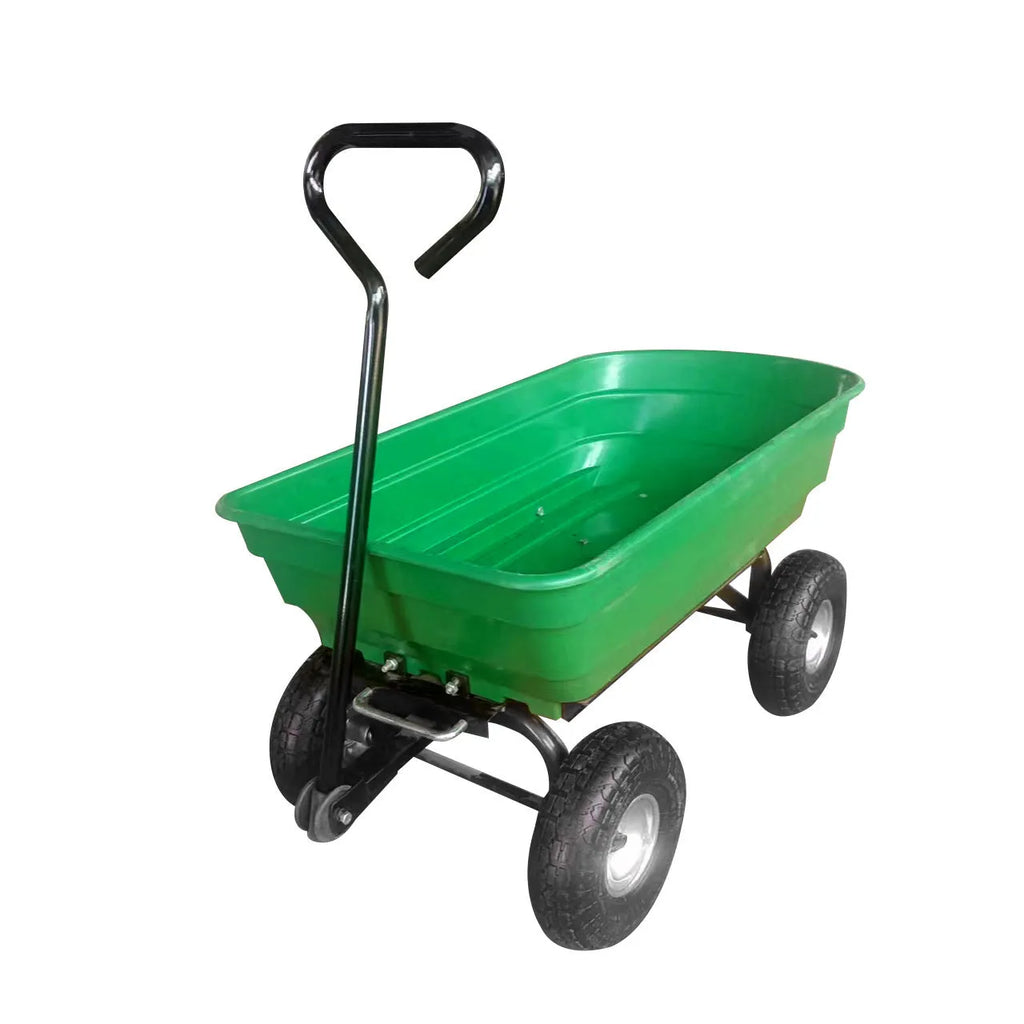 Green four-wheel plastic dump truck with steel frame and 940 mm length