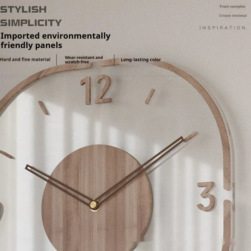 Transparent wooden wall clock with modern design measuring 35cm square