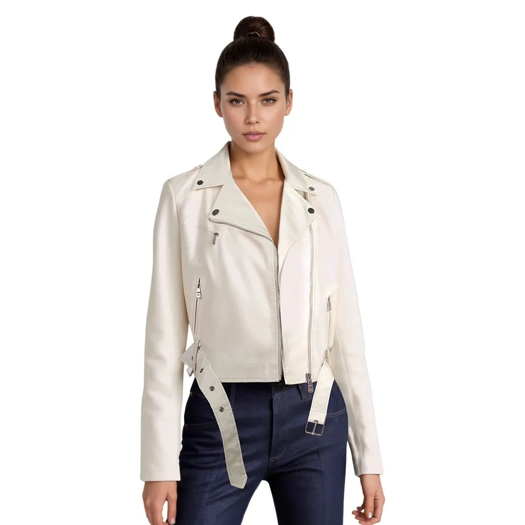 Women's red PU leather short jacket with a lapel collar and waist belt fastened.
