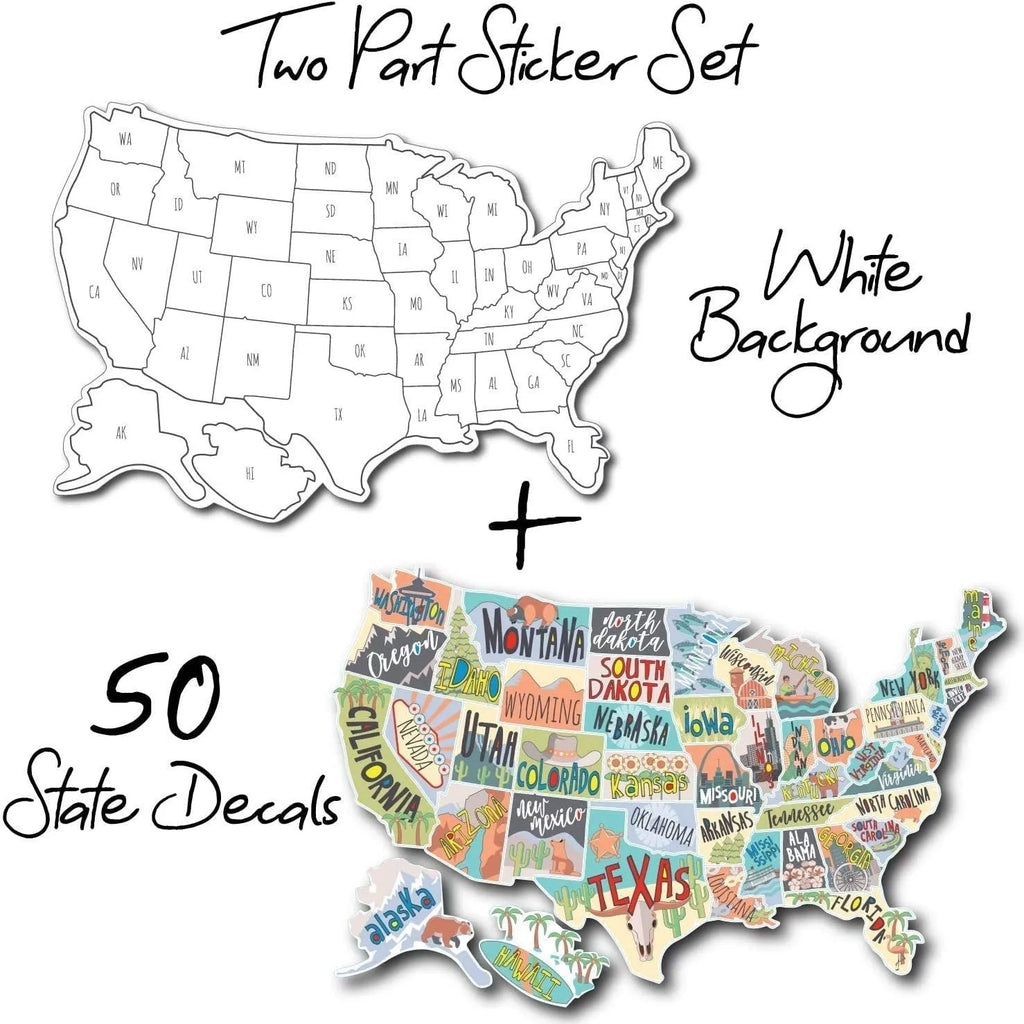 Travel-themed car body sticker set with adhesive letters and map design for vehicle personalisation