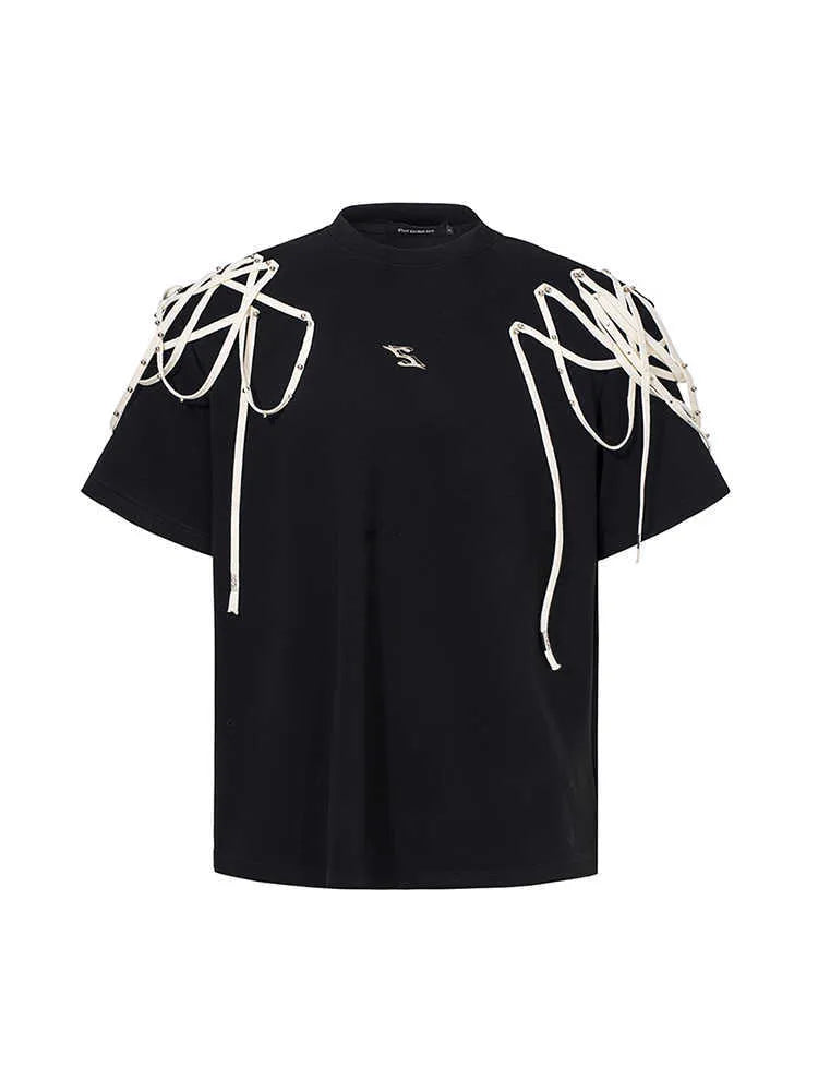 Black women's short-sleeve T-shirt with rivet ribbon detail on padded shoulder.