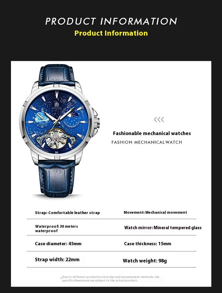 Blue men's fully automatic mechanical wristwatch with 14mm thickness