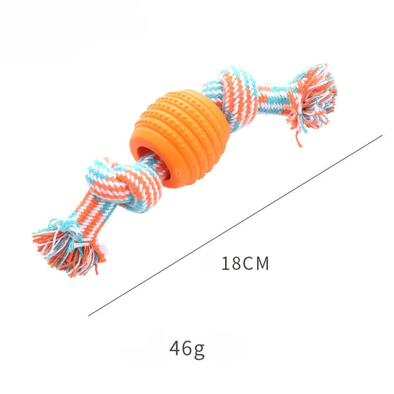 Blue dog chew toy with molar cleaning texture and integrated rope sections for dental health support
