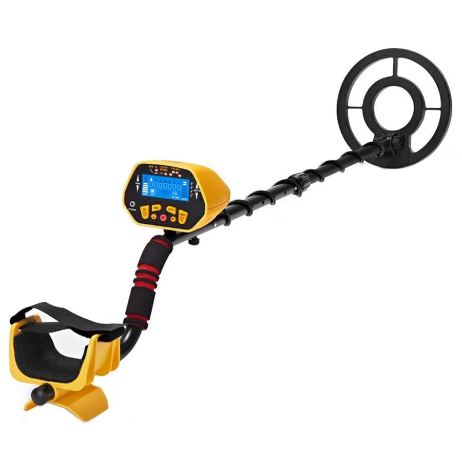 GC1028 professional metal detector with LCD display, black and yellow housing, and waterproof search coil