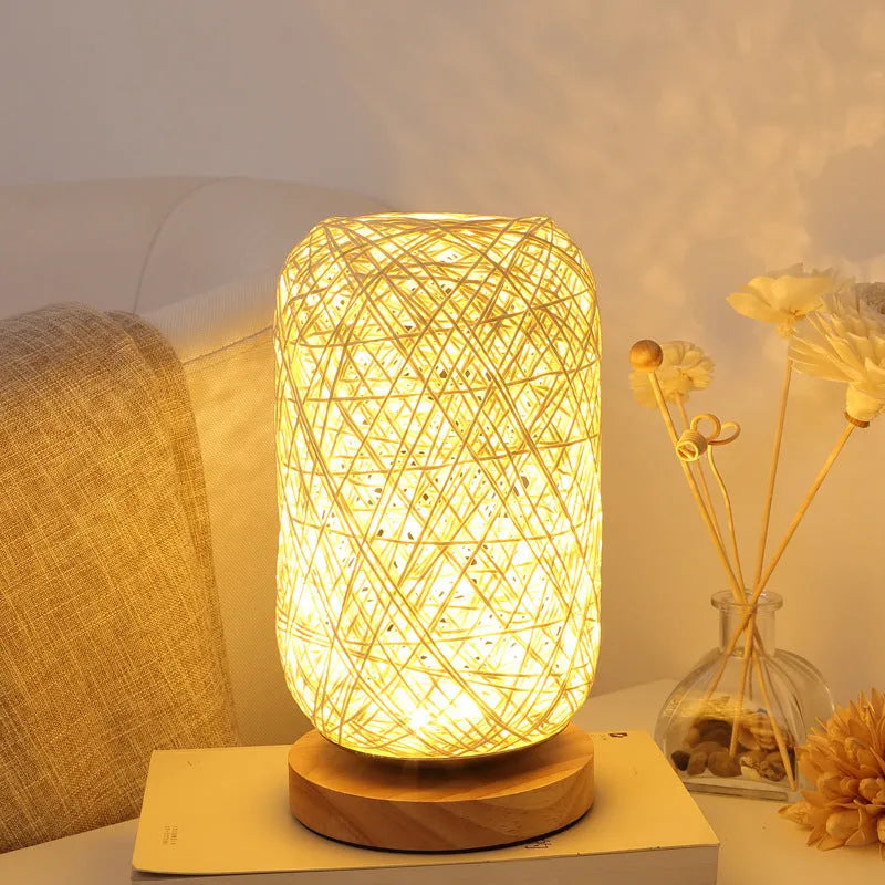Natural hemp rope Sepak Takraw desk lamp with solid wood base and USB-powered LED light