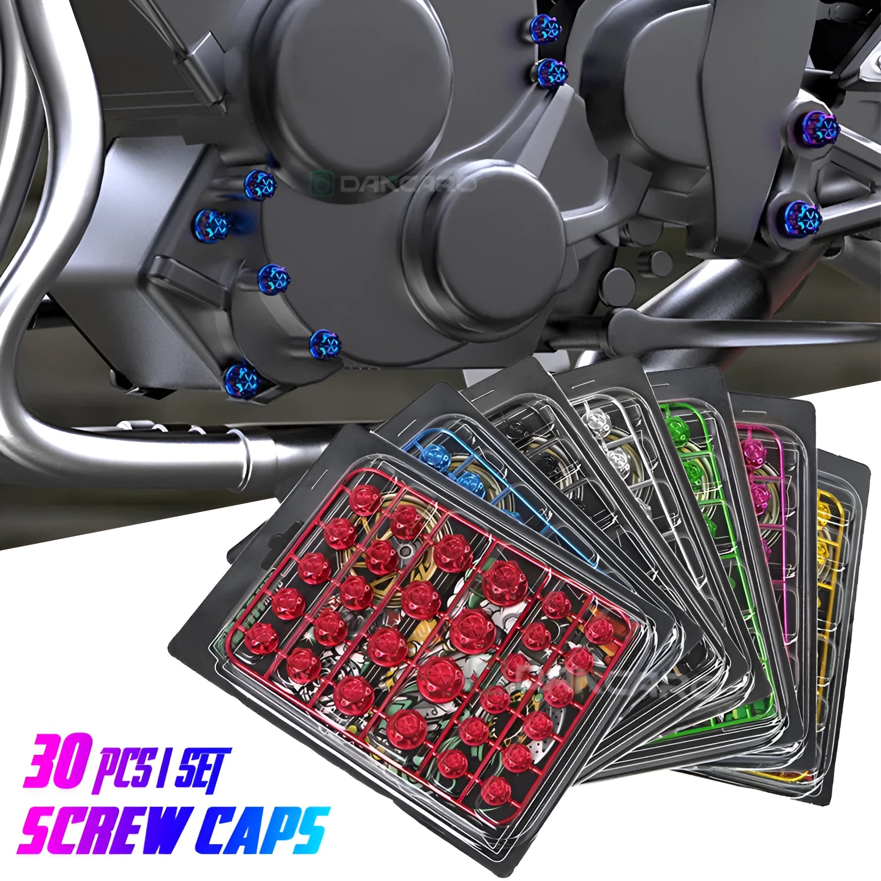 30 ABS plastic motorcycle screw caps in eight colours including black, red, gold, blue, silver, green, orange, purple