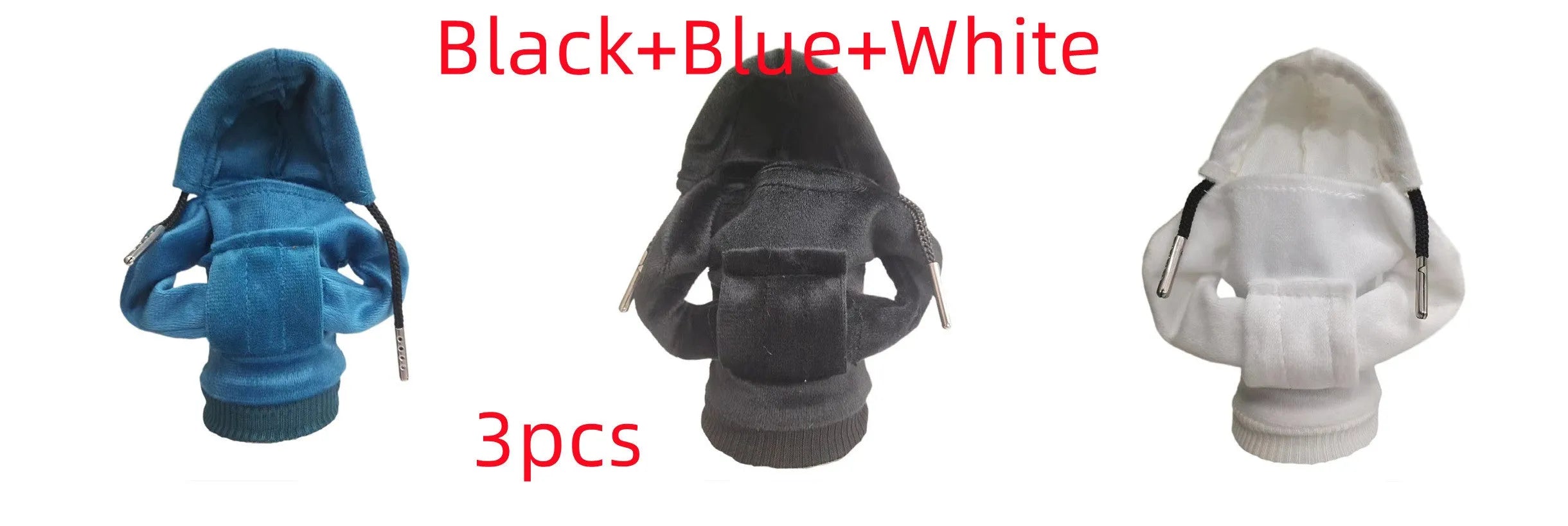 Cloth car gear shift knob hoodie cover in assorted colours next to a tape measure showing 13cm by 8cm dimensions.
