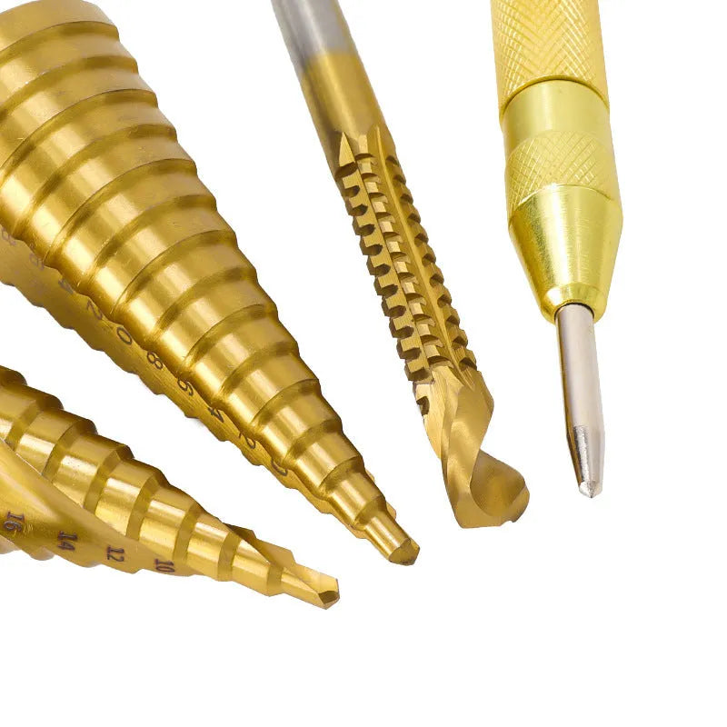 High speed steel cone step drill bit and centre punch set for metalworking and DIY.