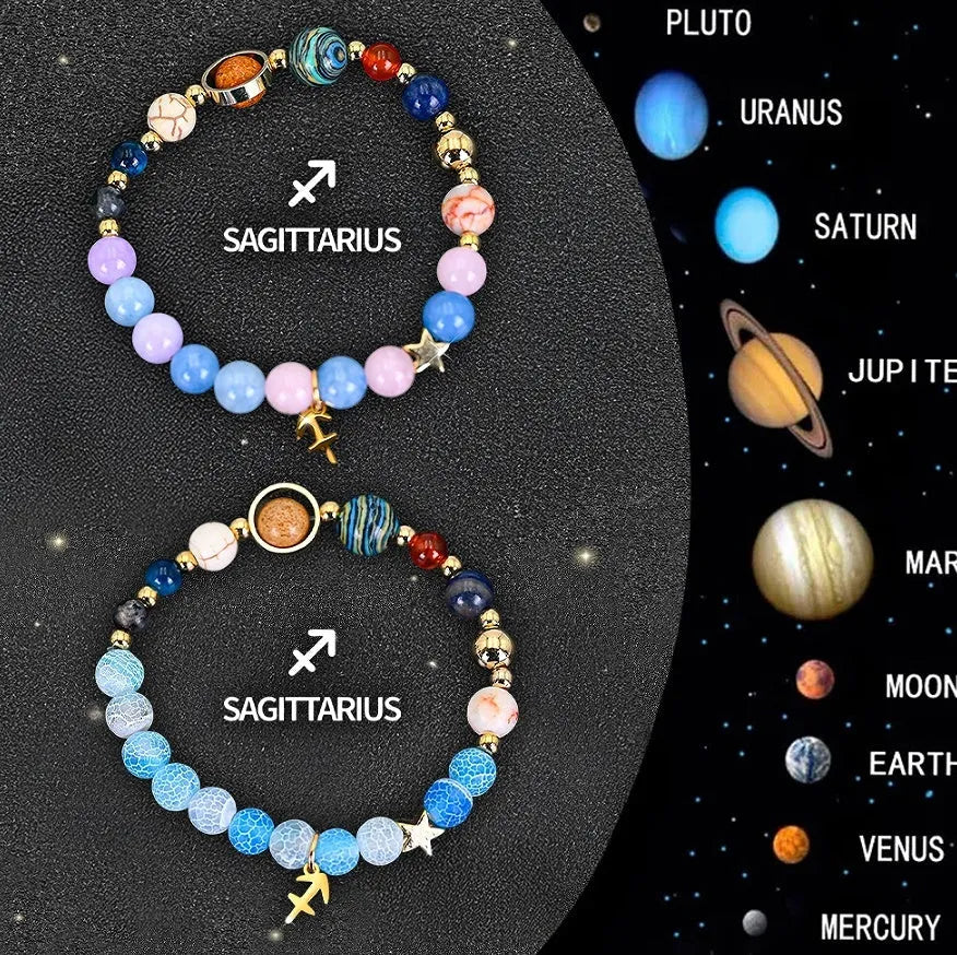Set of two natural stone beaded bracelets showcasing zodiac sign charms on a white background.