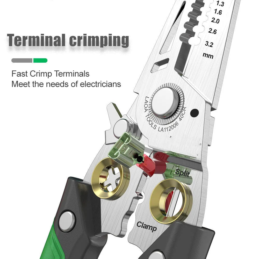 Stainless steel wire stripper tool with seven stripping apertures and two-colour handle
